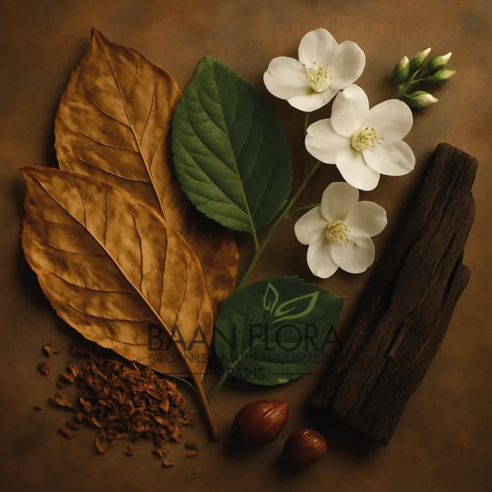 huile parfumée feuille de tabac bois sacré baan flora